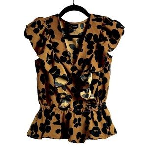 Who What Wear Women’s Sz XS Brown & Black V Neck Short Sleeve Ruffle Peplum Top